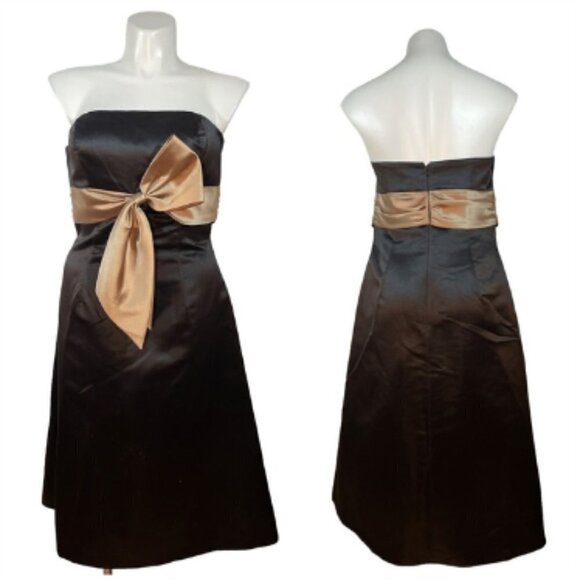Bill Levkoff Black Strapless Knee Length Dress with Gold Sash Bow (altered) - Picture 1 of 9